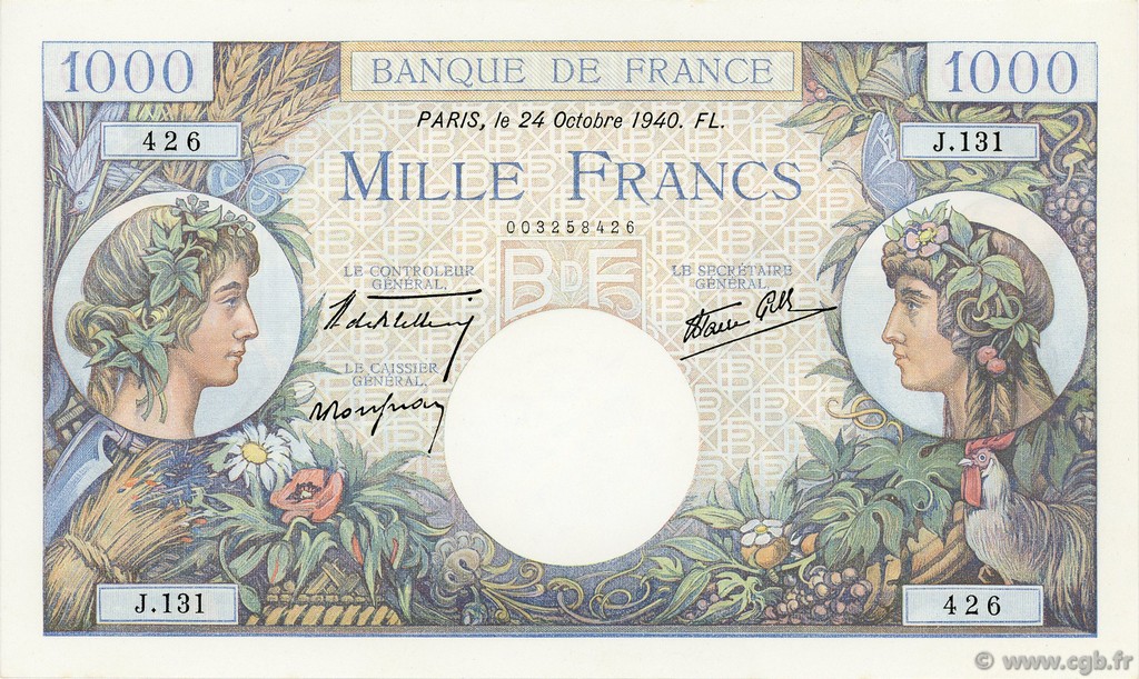 1000 Francs COMMERCE ET INDUSTRIE FRANCE  1940 F.39.01 AU+