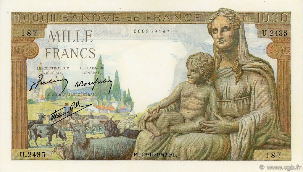 1000 Francs DÉESSE DÉMÉTER FRANCIA  1942 F.40.14 SC+