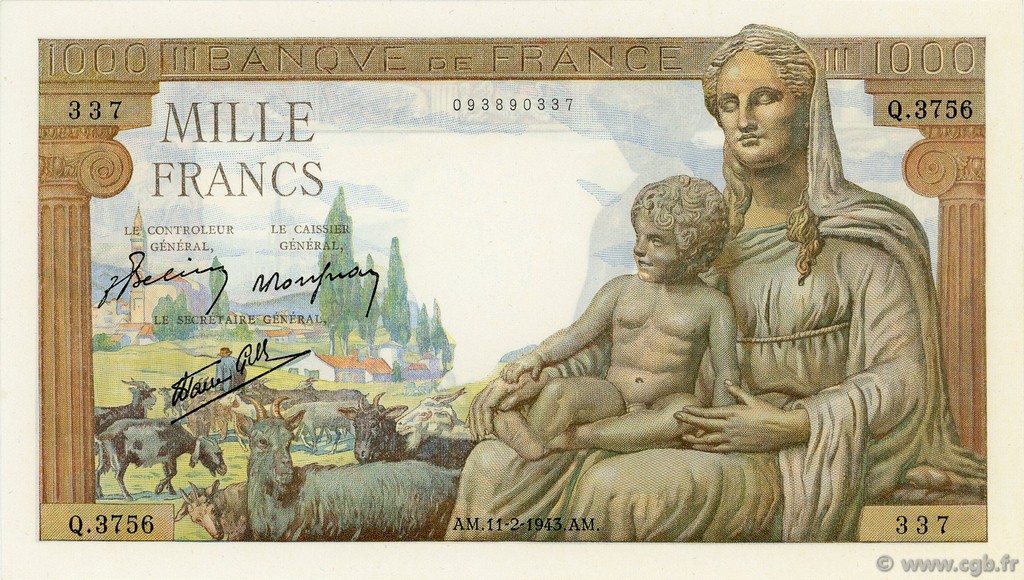1000 Francs DÉESSE DÉMÉTER FRANCIA  1943 F.40.18 FDC