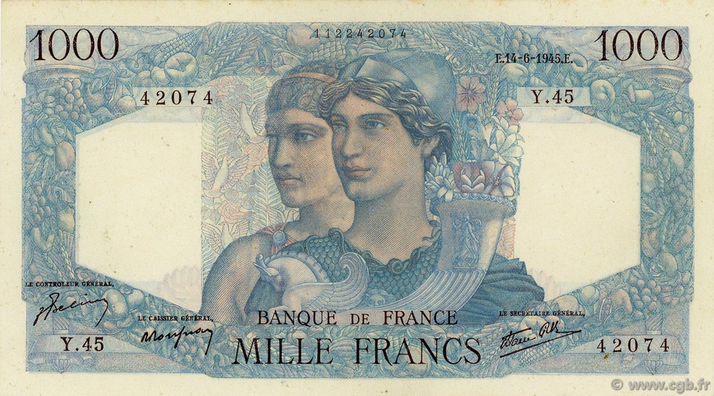 1000 Francs MINERVE ET HERCULE FRANCE  1945 F.41.04 SUP+
