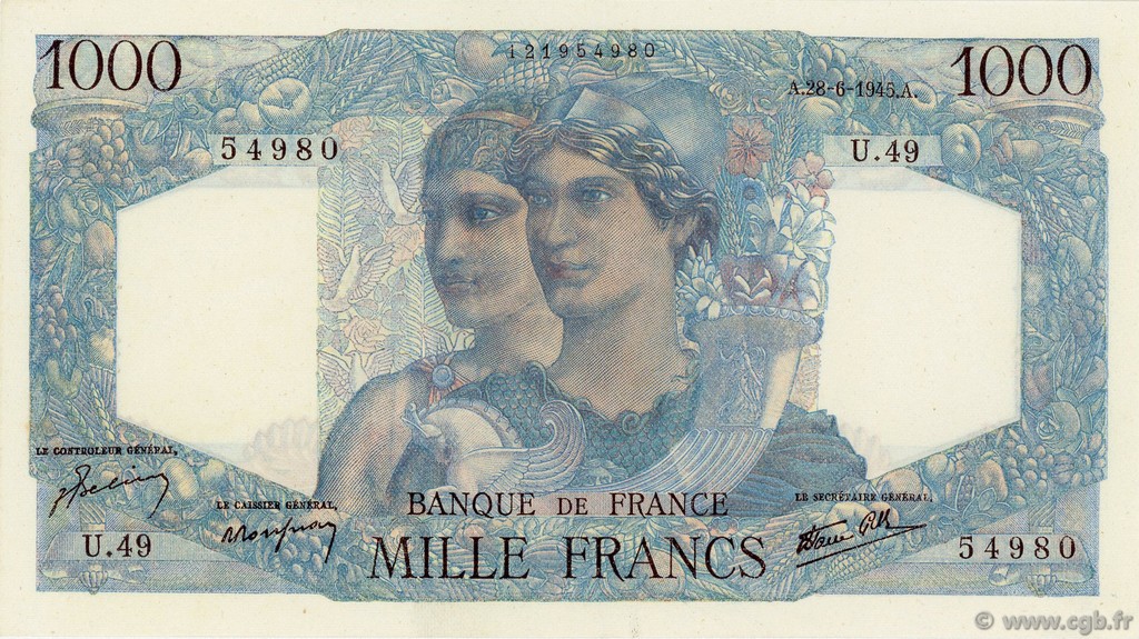 1000 Francs MINERVE ET HERCULE FRANCE  1945 F.41.05 AU