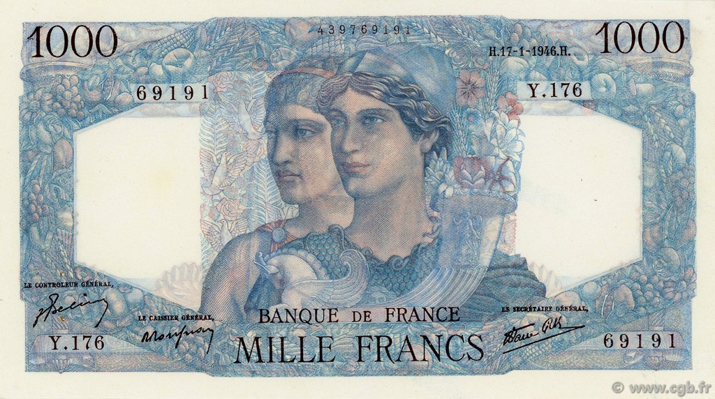 1000 Francs MINERVE ET HERCULE FRANKREICH  1946 F.41.10 VZ+