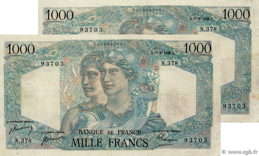 1000 Francs MINERVE ET HERCULE FRANCE  1946 F.41.11 F+