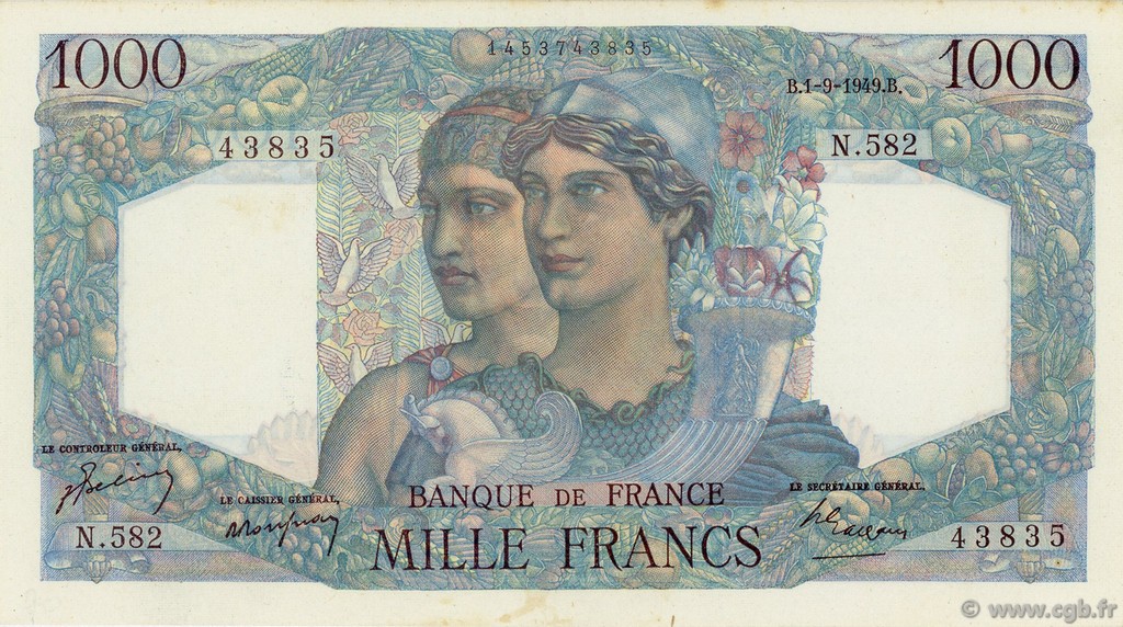 1000 Francs MINERVE ET HERCULE FRANCE  1949 F.41.28 AU+