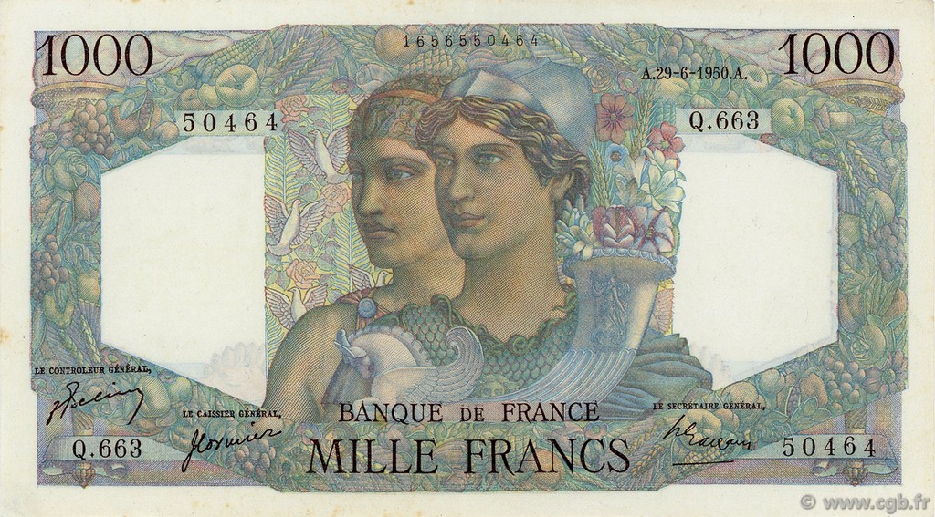 1000 Francs MINERVE ET HERCULE FRANCE  1950 F.41.33 SUP