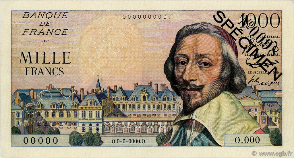1000 Francs RICHELIEU FRANCE  1953 F.42.01Spn UNC-