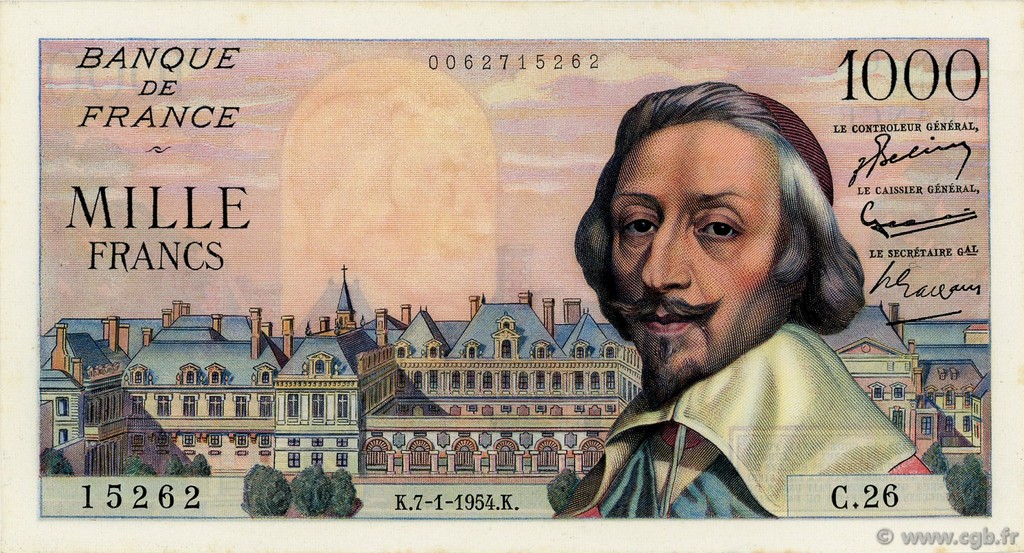 1000 Francs RICHELIEU FRANCE  1954 F.42.04 AU