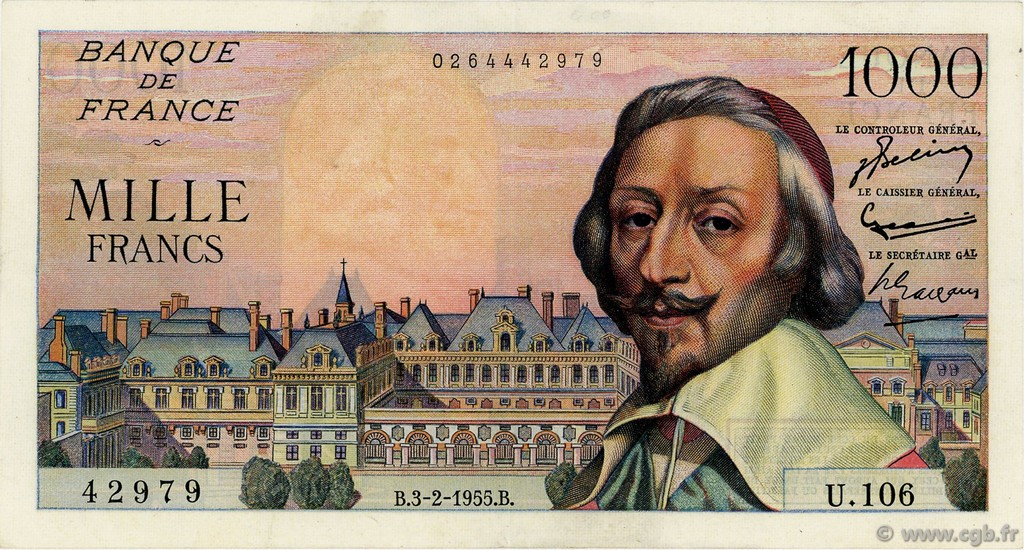 1000 Francs RICHELIEU FRANCIA  1955 F.42.10 MBC