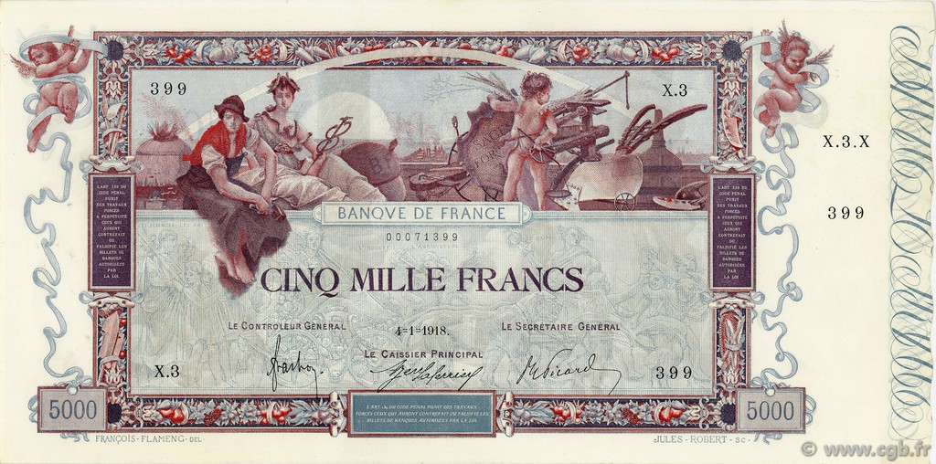 5000 Francs FLAMENG FRANCE  1918 F.43.01 VF - XF