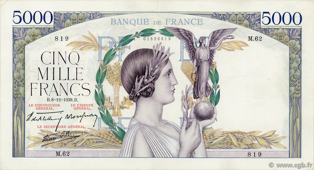 5000 Francs VICTOIRE Impression à plat FRANCE  1938 F.46.01 VF