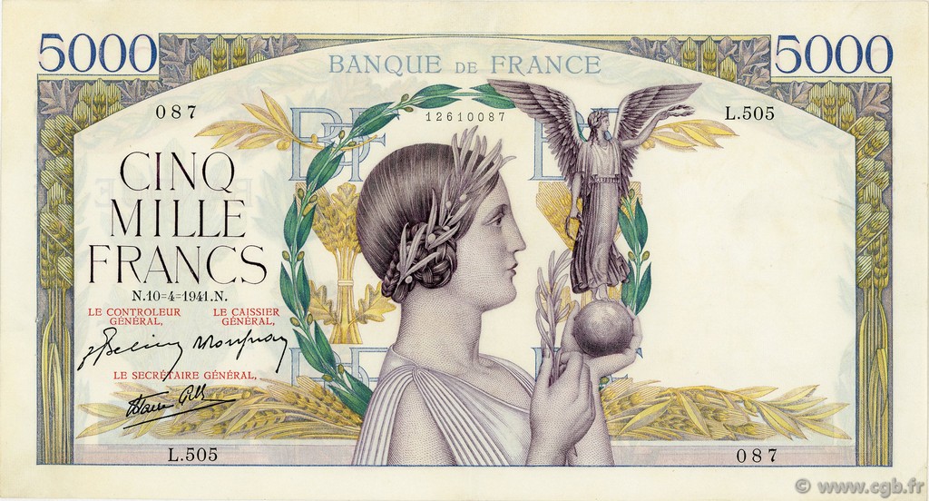 5000 Francs VICTOIRE Impression à plat FRANCE  1941 F.46.19 XF