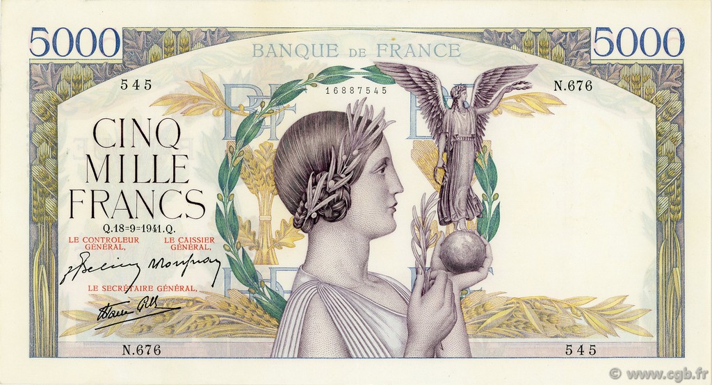 5000 Francs VICTOIRE Impression à plat FRANKREICH  1941 F.46.26 VZ