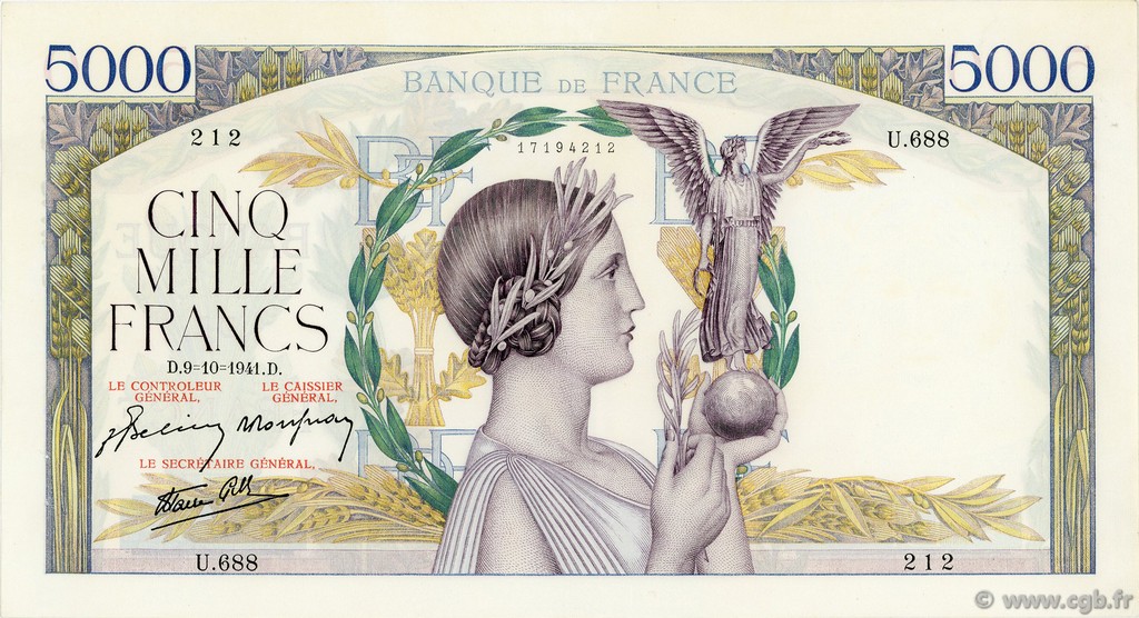 5000 Francs VICTOIRE Impression à plat FRANCIA  1941 F.46.27 EBC+