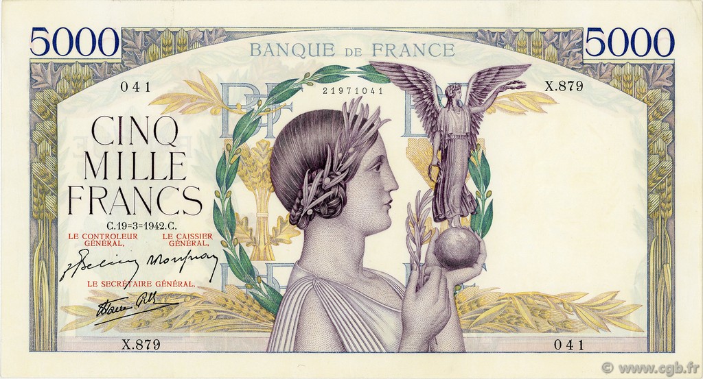 5000 Francs VICTOIRE Impression à plat FRANKREICH  1942 F.46.35 fVZ