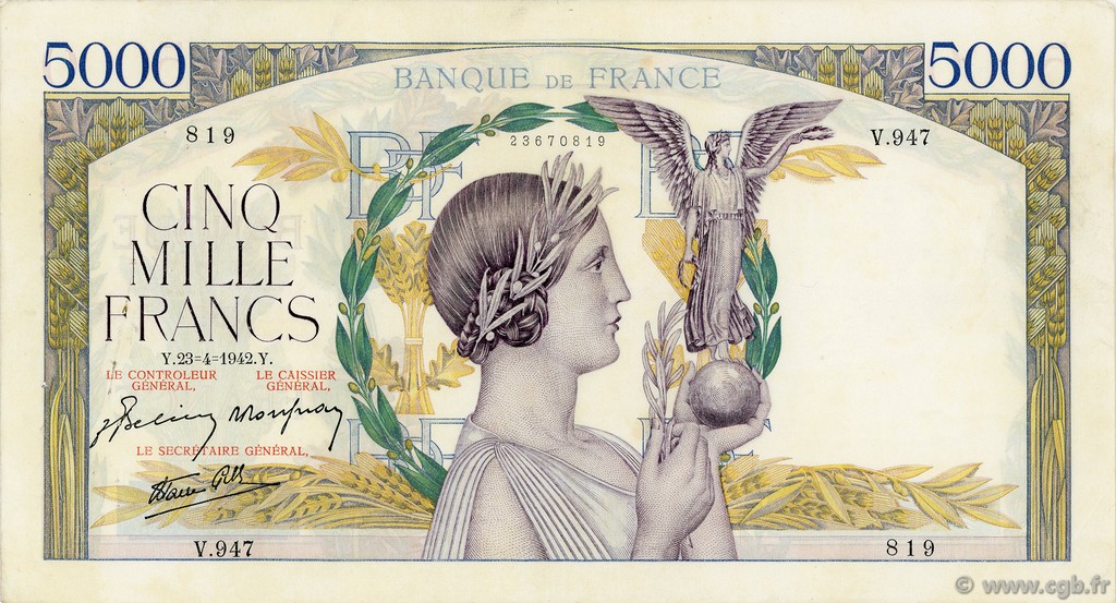 5000 Francs VICTOIRE Impression à plat FRANCIA  1942 F.46.37 q.SPL