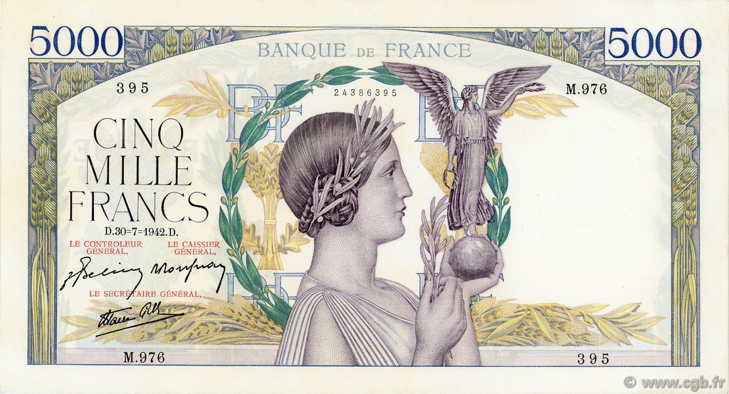 5000 Francs VICTOIRE Impression à plat FRANKREICH  1942 F.46.39 VZ