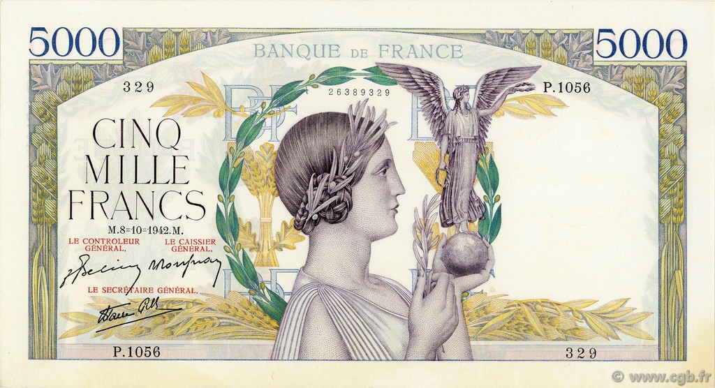 5000 Francs VICTOIRE Impression à plat FRANCIA  1942 F.46.42 EBC