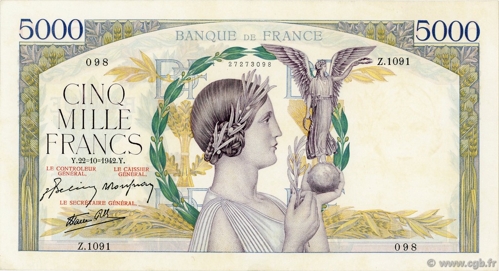 5000 Francs VICTOIRE Impression à plat FRANCIA  1942 F.46.43 EBC