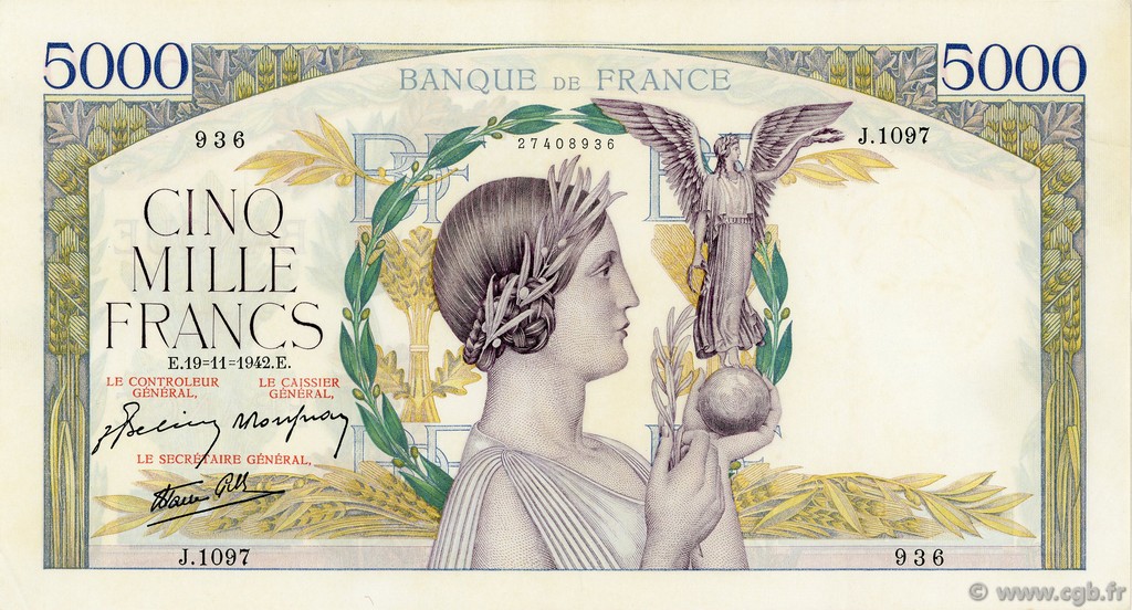 5000 Francs VICTOIRE Impression à plat FRANCIA  1942 F.46.44 MBC a EBC