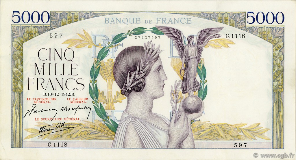 5000 Francs VICTOIRE Impression à plat FRANCE  1942 F.46.45 XF