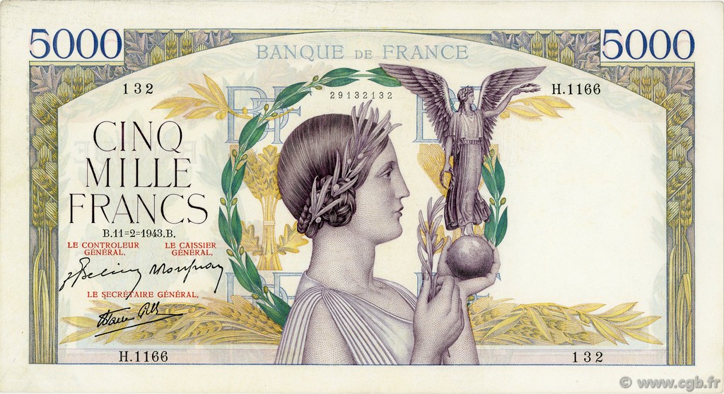 5000 Francs VICTOIRE Impression à plat FRANCIA  1943 F.46.47 BB