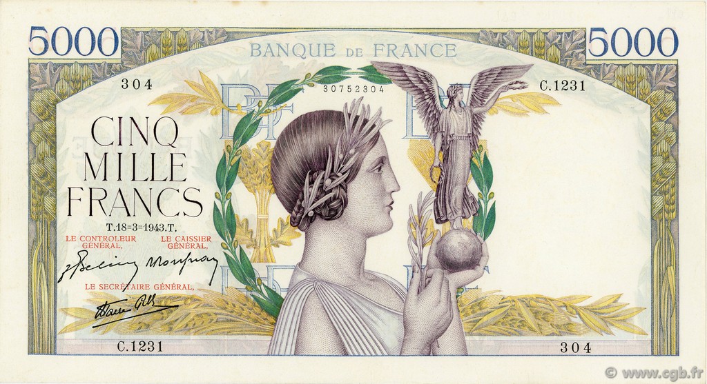 5000 Francs VICTOIRE Impression à plat FRANCIA  1943 F.46.49 q.AU