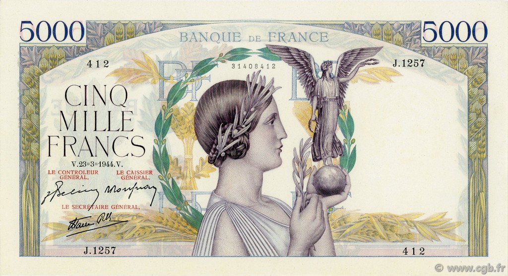 5000 Francs VICTOIRE Impression à plat FRANCE  1944 F.46.50 AU