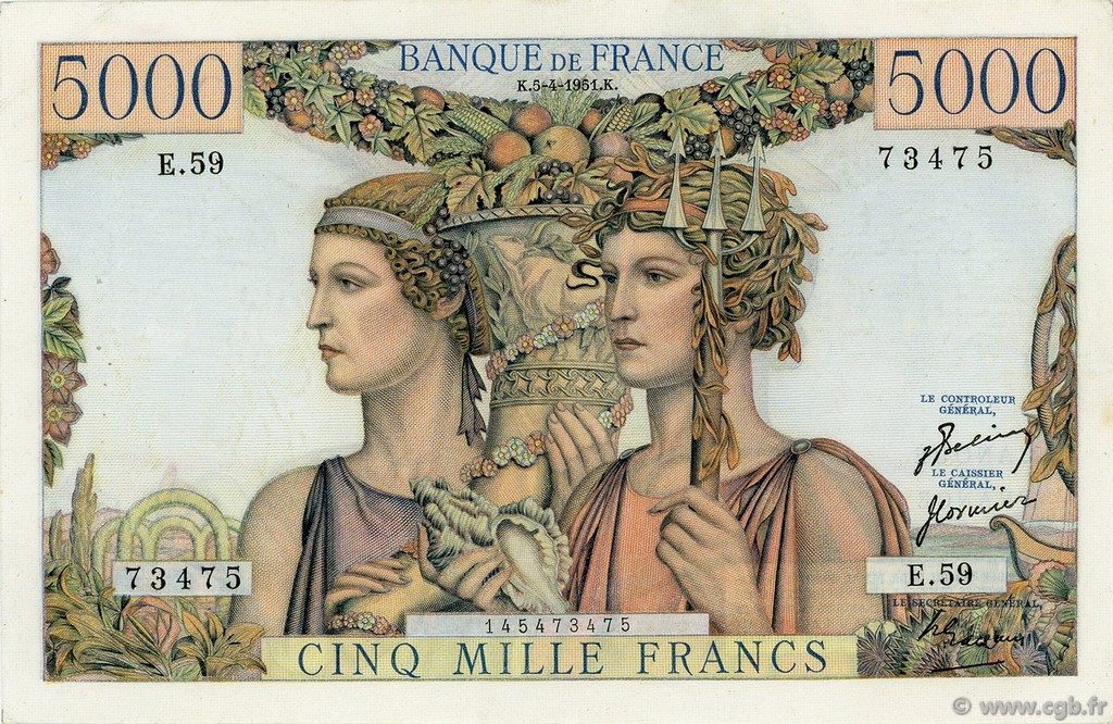 5000 Francs TERRE ET MER FRANCE  1951 F.48.04 VF+