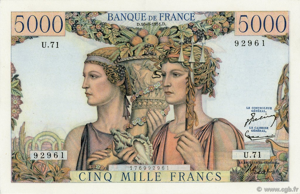 5000 Francs TERRE ET MER FRANKREICH  1951 F.48.05 VZ
