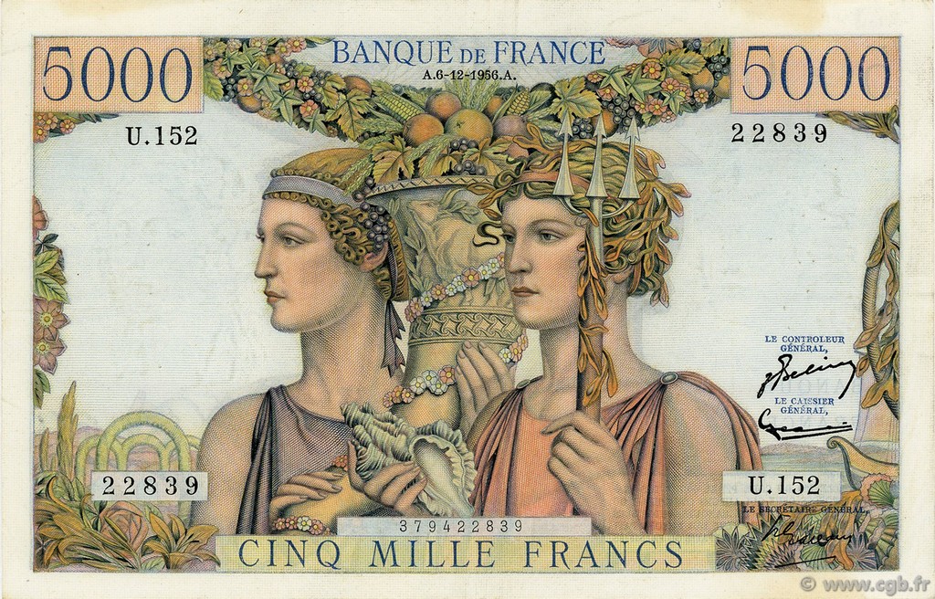 5000 Francs TERRE ET MER FRANCE  1956 F.48.12 VF