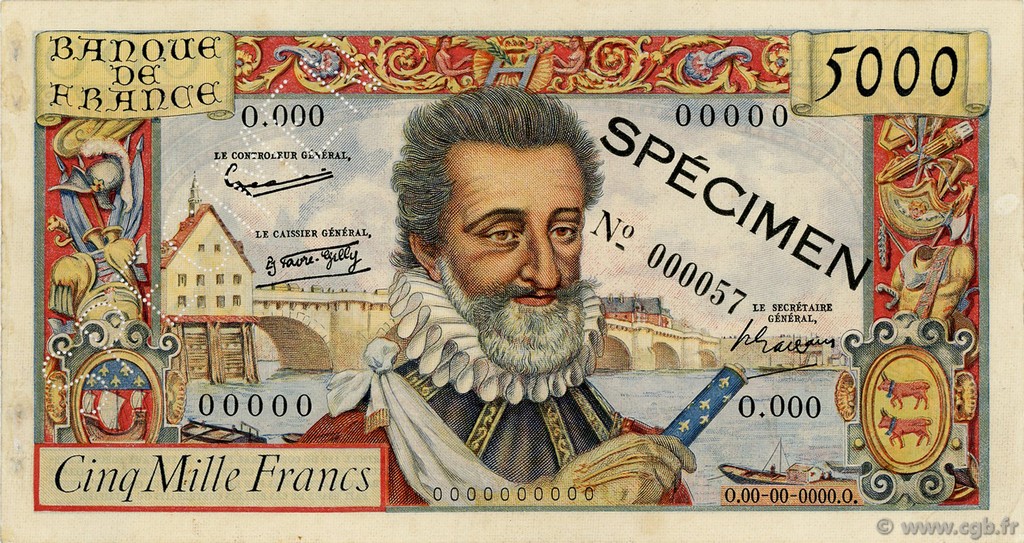 5000 Francs HENRI IV FRANCE  1957 F.49.01Spn XF+