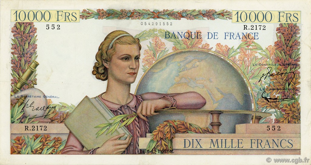 10000 Francs GÉNIE FRANÇAIS FRANCIA  1951 F.50.55 BB