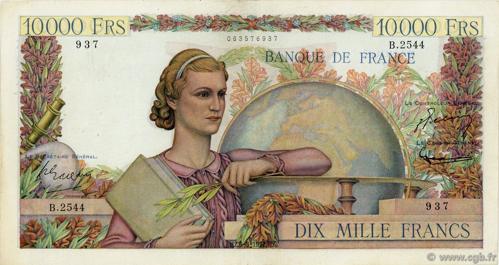 10000 Francs GÉNIE FRANÇAIS FRANCIA  1952 F.50.57 MBC