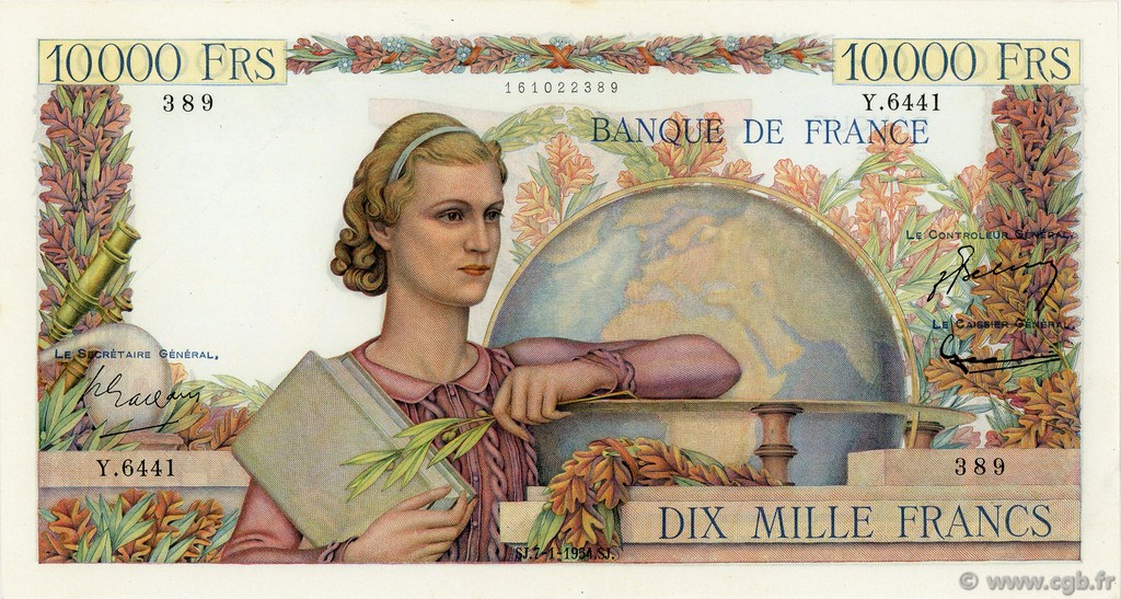 10000 Francs GÉNIE FRANÇAIS FRANCE  1954 F.50.69 XF - AU