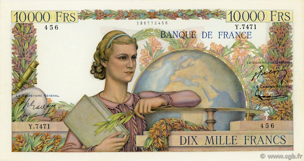 10000 Francs GÉNIE FRANÇAIS FRANCIA  1954 F.50.72 SPL a AU