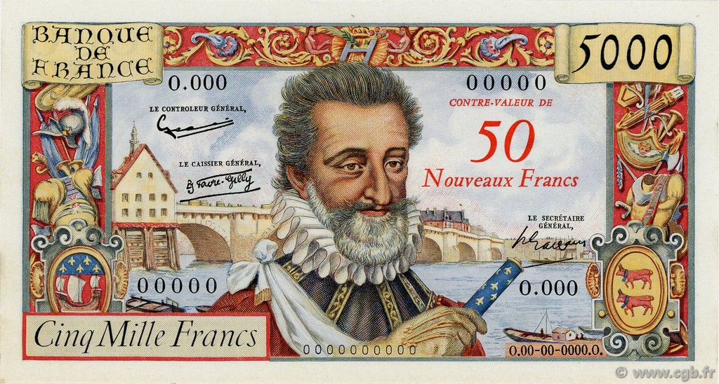 50 NF sur 5000 Francs HENRI IV FRANKREICH  1958 F.54.00Ed fST+