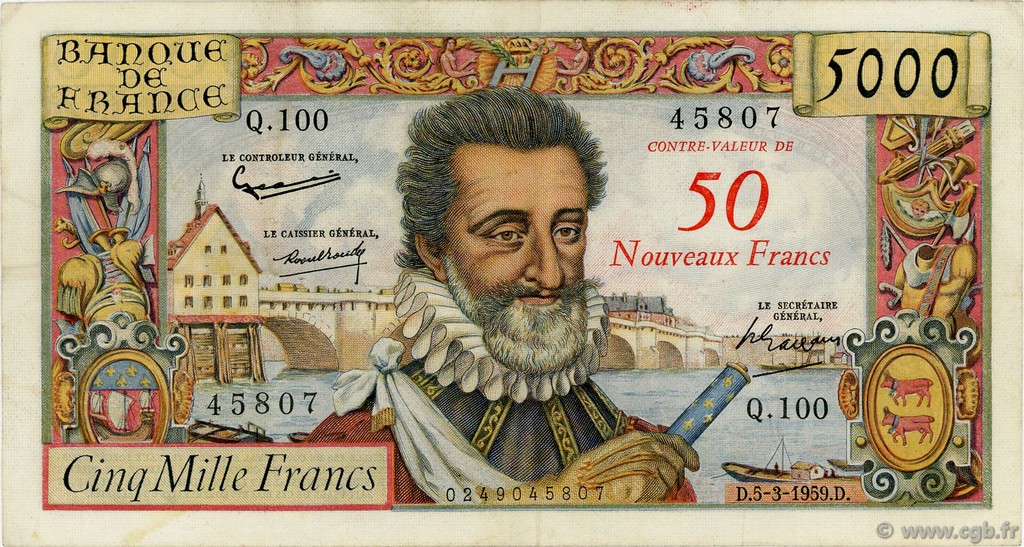 50 NF sur 5000 Francs HENRI IV FRANCIA  1959 F.54.02 BC+
