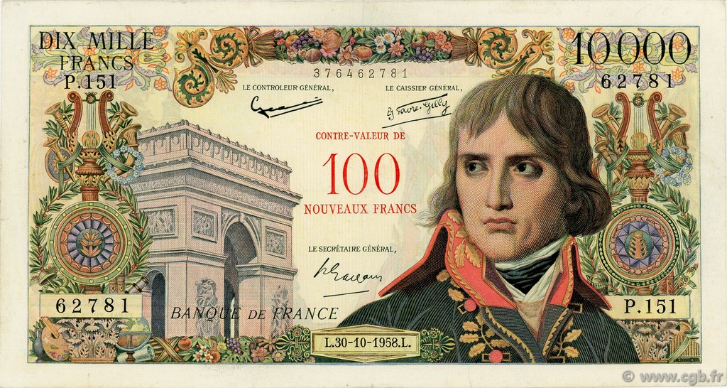 100 NF sur 10000 Francs BONAPARTE FRANCIA  1958 F.55.01 BC+