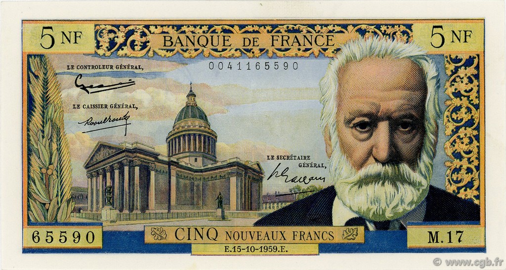 5 Nouveaux Francs VICTOR HUGO FRANCIA  1959 F.56.03 AU
