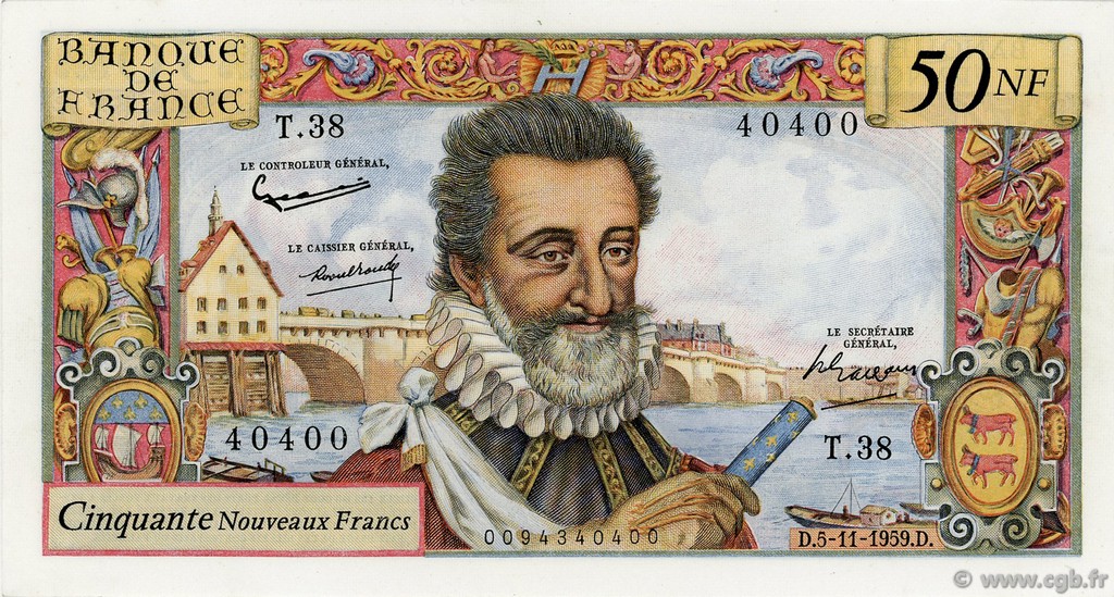 50 Nouveaux Francs HENRI IV FRANCE  1959 F.58.04 XF+