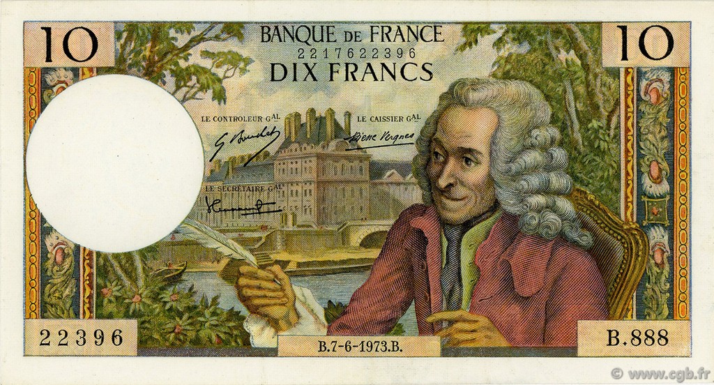 10 Francs VOLTAIRE FRANKREICH  1973 F.62.62 fVZ