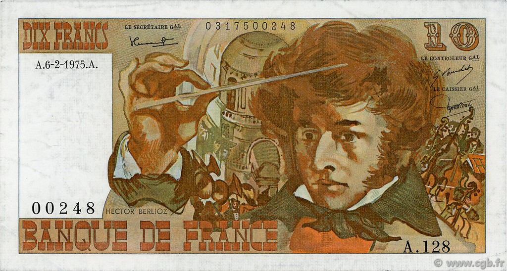 10 Francs BERLIOZ FRANCE  1975 F.63.08 VF+