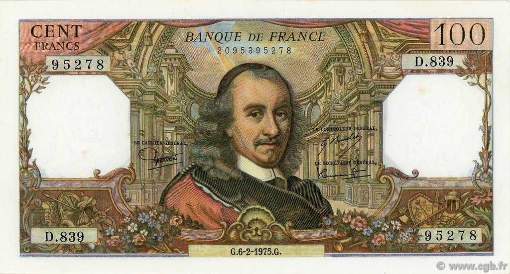 100 Francs CORNEILLE FRANCE  1975 F.65.48 UNC