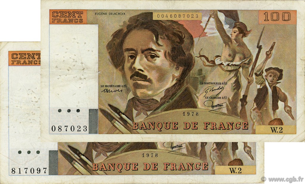 100 Francs DELACROIX FRANCE  1978 F.68.02 et F.69.01a TB
