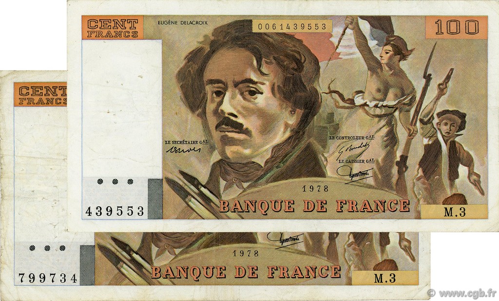 100 Francs DELACROIX FRANCE  1978 F.68.03 et F.69.01b TTB