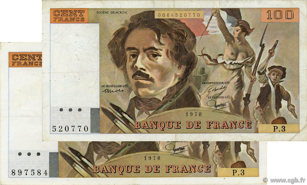 100 Francs DELACROIX Lot FRANCIA  1978 F.68.03 et F.69.01b BB