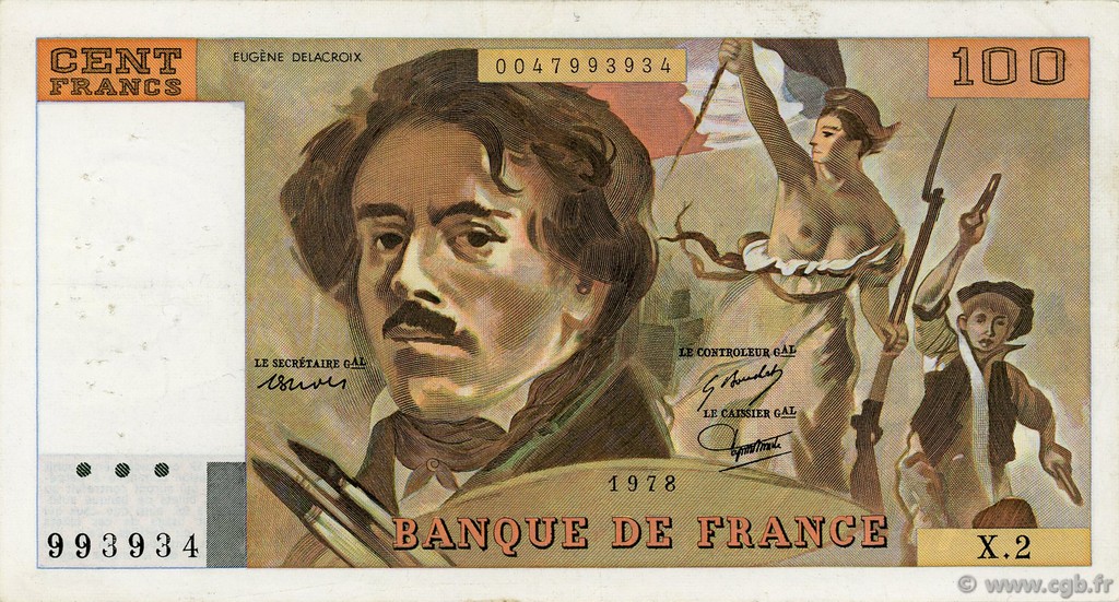 100 Francs DELACROIX modifié FRANCE  1978 F.69.01a VF