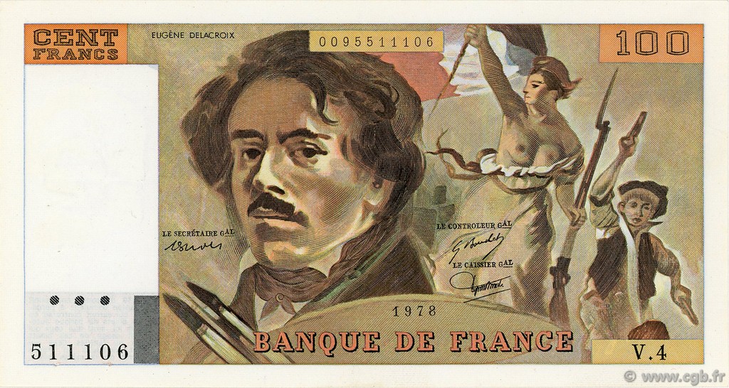 100 Francs DELACROIX modifié FRANCE  1978 F.69.01c XF-