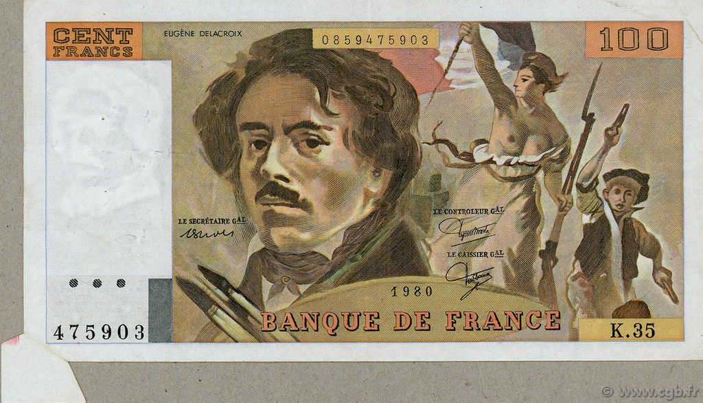100 Francs DELACROIX modifié Fauté FRANCIA  1980 F.69.04a q.SPL