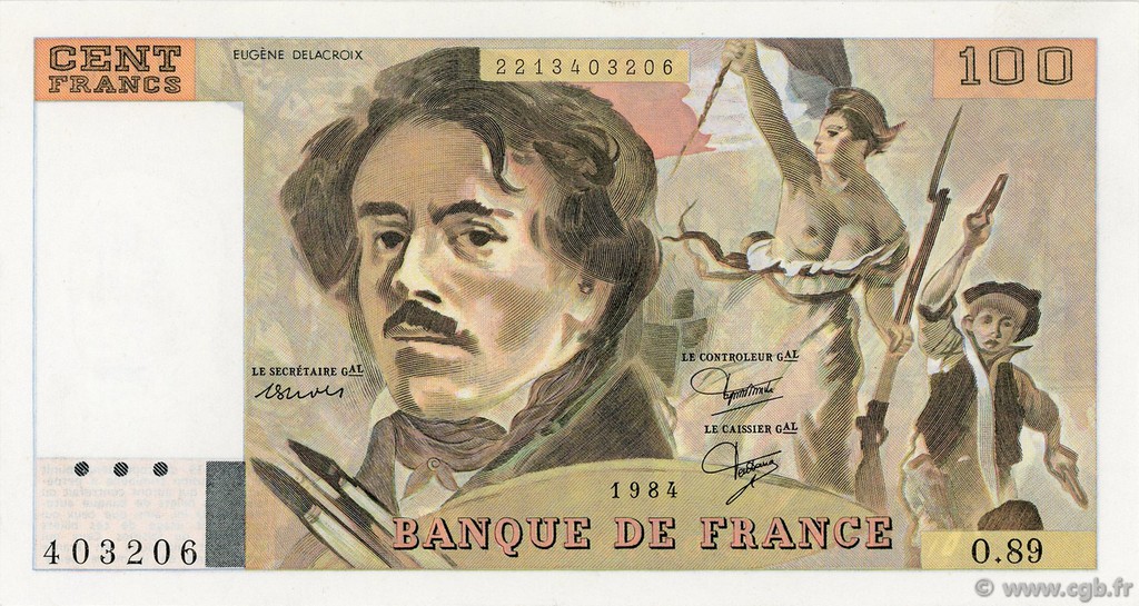 100 Francs DELACROIX modifié FRANCE  1984 F.69.08b XF - AU